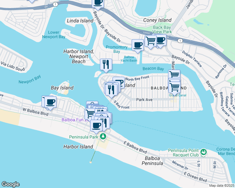 map of restaurants, bars, coffee shops, grocery stores, and more near 126 Agate Avenue in Newport Beach