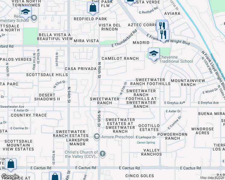 map of restaurants, bars, coffee shops, grocery stores, and more near 9665 East Pershing Avenue in Scottsdale