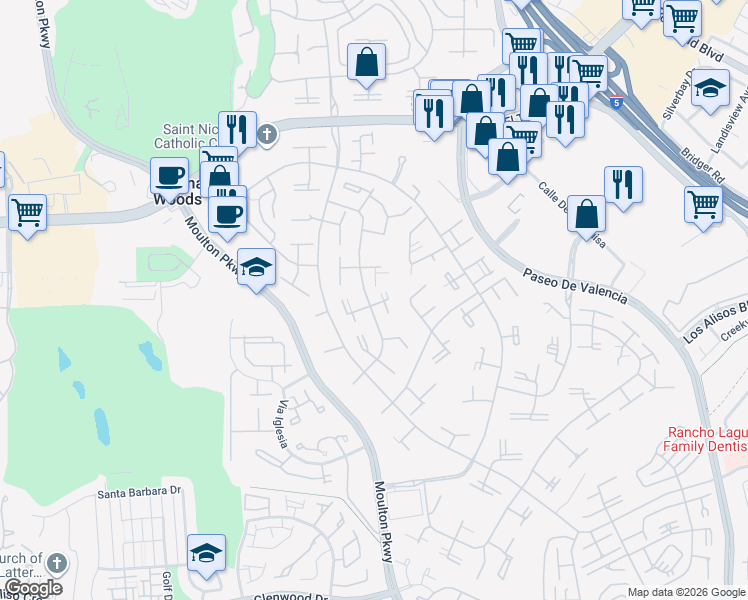 map of restaurants, bars, coffee shops, grocery stores, and more near 370 Avenida Castilla in Laguna Woods