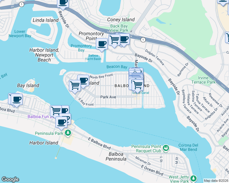map of restaurants, bars, coffee shops, grocery stores, and more near 204 Coral Avenue in Newport Beach