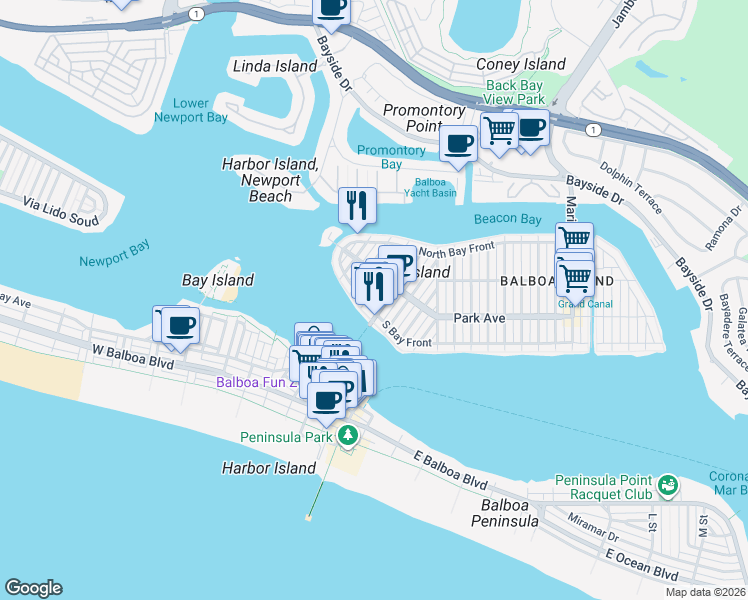 map of restaurants, bars, coffee shops, grocery stores, and more near 508 South Bay Front in Newport Beach