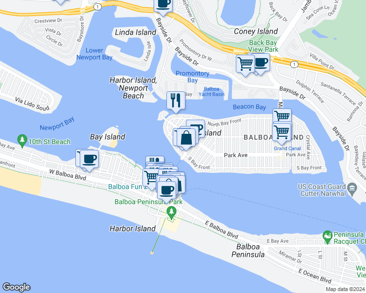 map of restaurants, bars, coffee shops, grocery stores, and more near 508 South Bay Front in Newport Beach