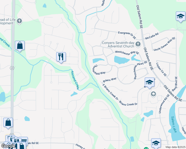 map of restaurants, bars, coffee shops, grocery stores, and more near 2925 Chesterfield Way in Conyers