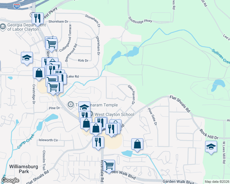map of restaurants, bars, coffee shops, grocery stores, and more near 5434 Waterfall Court in Atlanta