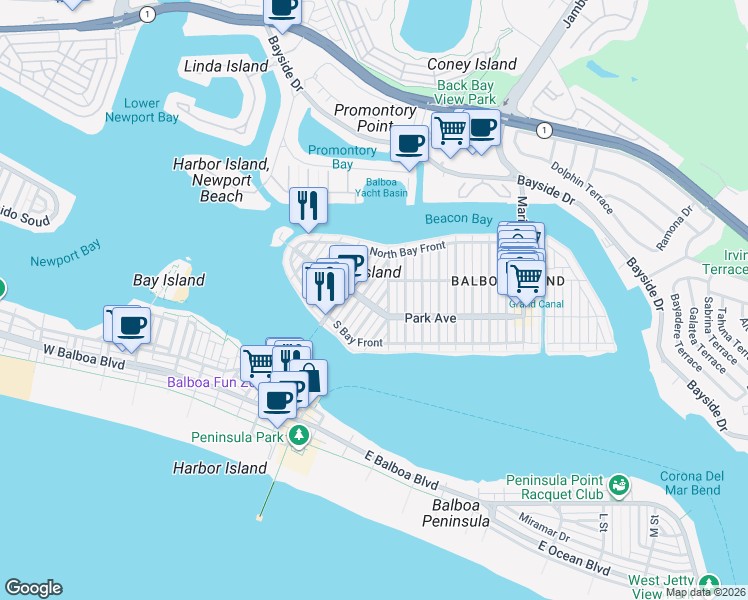 map of restaurants, bars, coffee shops, grocery stores, and more near 203 Topaz Avenue in Newport Beach