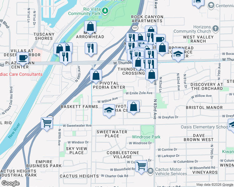 map of restaurants, bars, coffee shops, grocery stores, and more near 8547 West Joan De Arc Avenue in Peoria