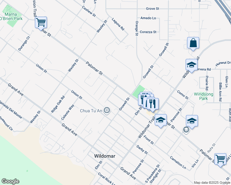 map of restaurants, bars, coffee shops, grocery stores, and more near 21250 Maple Street in Wildomar