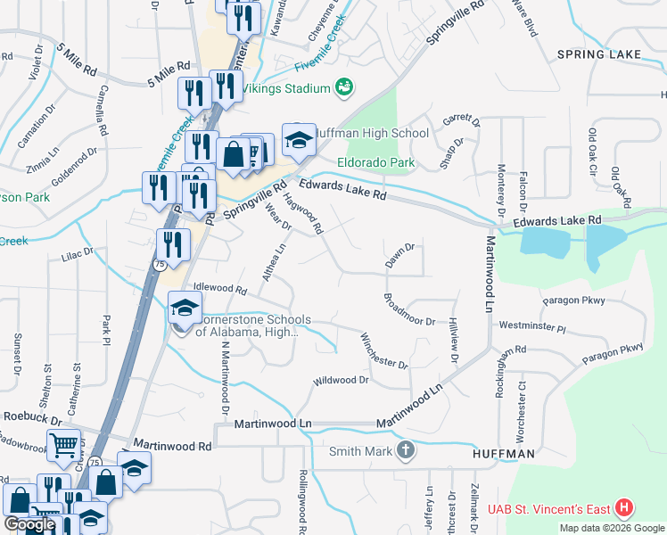 map of restaurants, bars, coffee shops, grocery stores, and more near 921 Hagwood Road in Birmingham