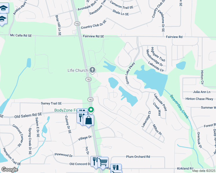 map of restaurants, bars, coffee shops, grocery stores, and more near 50 Greenleaf Road in Conyers