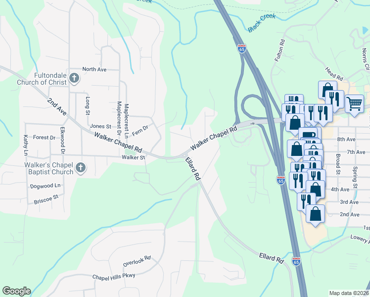 map of restaurants, bars, coffee shops, grocery stores, and more near 2409 Walker Chapel Road in Fultondale