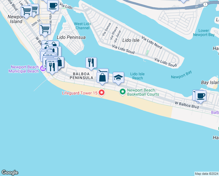 map of restaurants, bars, coffee shops, grocery stores, and more near 1414 West Oceanfront in Newport Beach