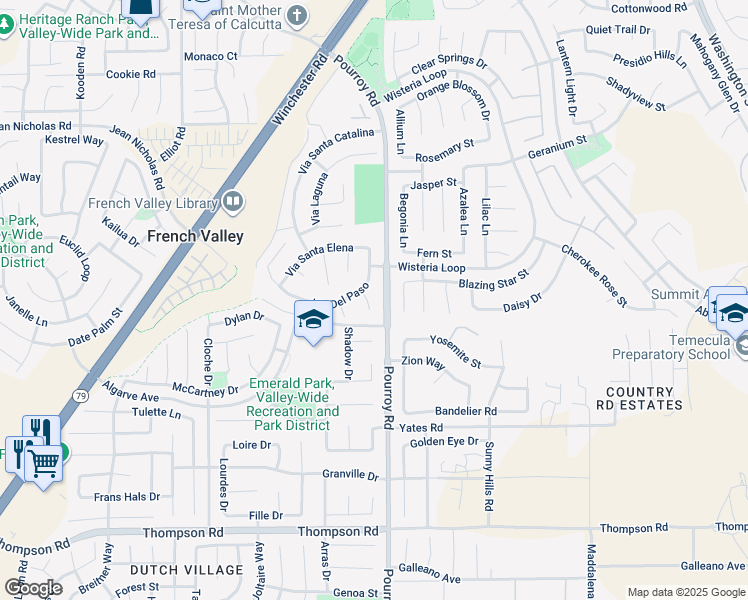 map of restaurants, bars, coffee shops, grocery stores, and more near 35452 Corte Los Robles in Winchester