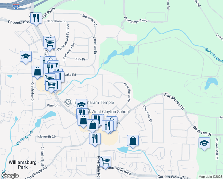 map of restaurants, bars, coffee shops, grocery stores, and more near 5434 Waterfall Court in Atlanta