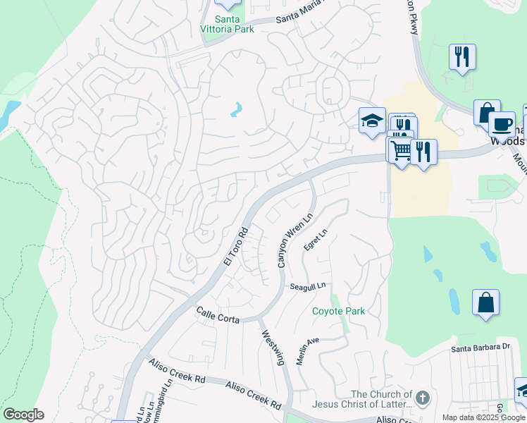 map of restaurants, bars, coffee shops, grocery stores, and more near 59 Cuervo Drive in Aliso Viejo