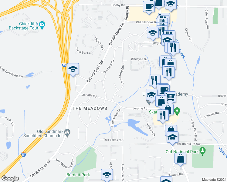 map of restaurants, bars, coffee shops, grocery stores, and more near 5535 Longmeadow Lane Southwest in College Park