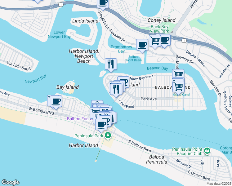 map of restaurants, bars, coffee shops, grocery stores, and more near 112 Pearl Avenue in Newport Beach