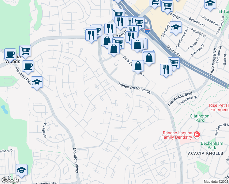 map of restaurants, bars, coffee shops, grocery stores, and more near in Laguna Woods