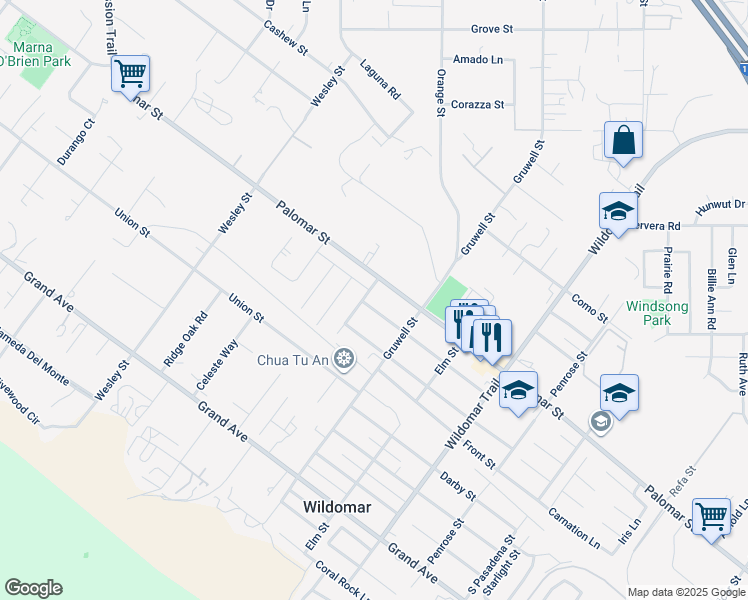 map of restaurants, bars, coffee shops, grocery stores, and more near 21250 Maple Street in Wildomar