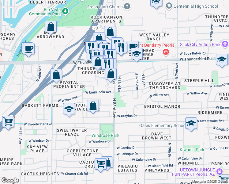 map of restaurants, bars, coffee shops, grocery stores, and more near North 83rd Avenue & West Wacker Road in Peoria