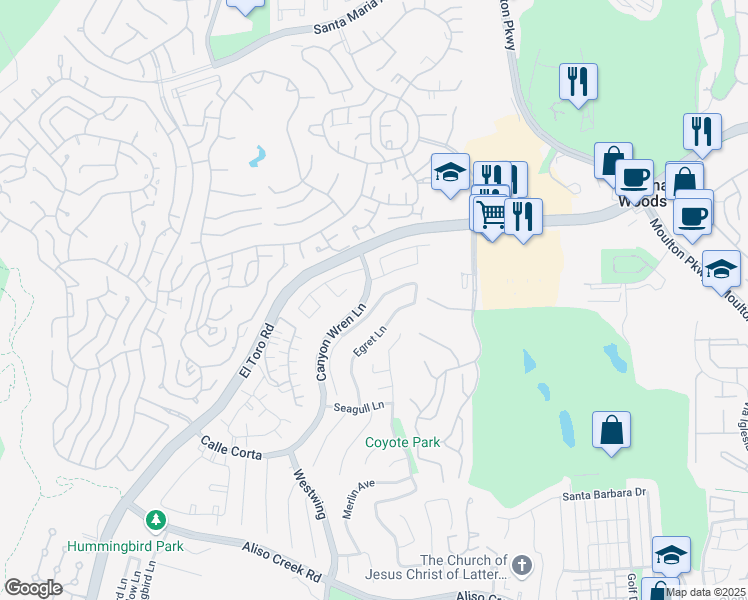 map of restaurants, bars, coffee shops, grocery stores, and more near 25 Prairie Falcon in Aliso Viejo