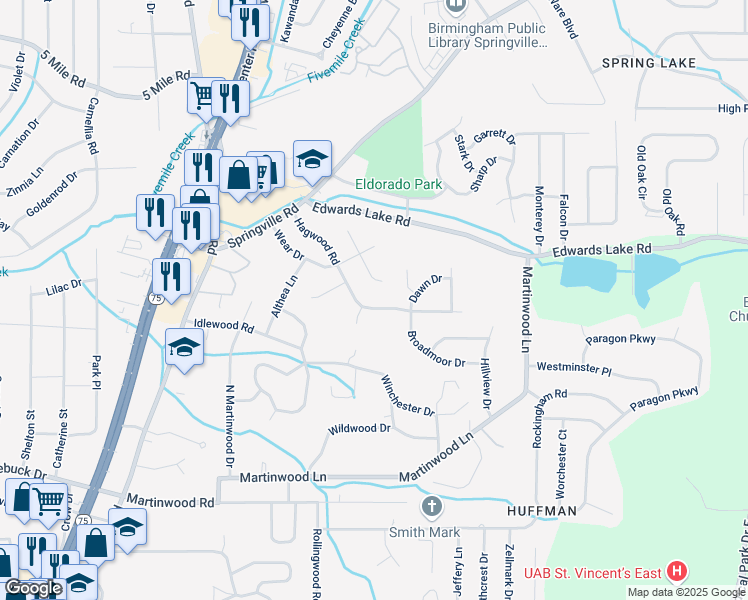 map of restaurants, bars, coffee shops, grocery stores, and more near 1004 Hagwood Road in Birmingham