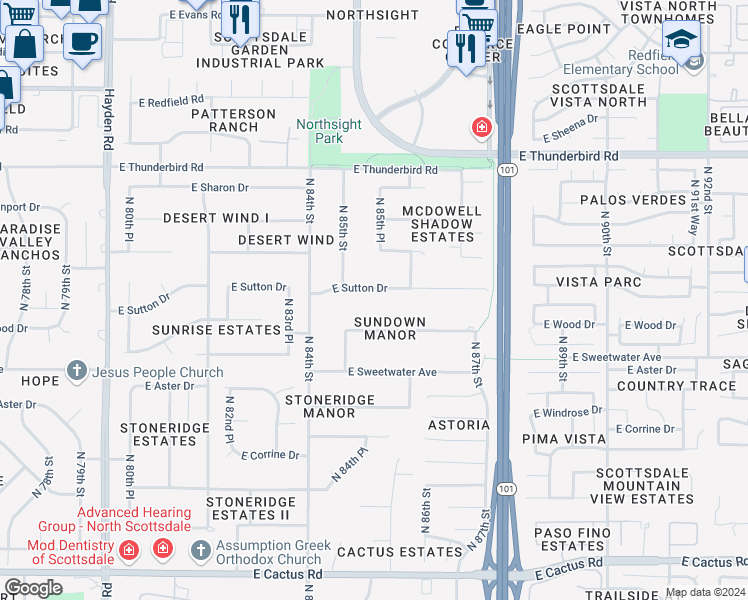 map of restaurants, bars, coffee shops, grocery stores, and more near 8529 East Sutton Drive in Scottsdale
