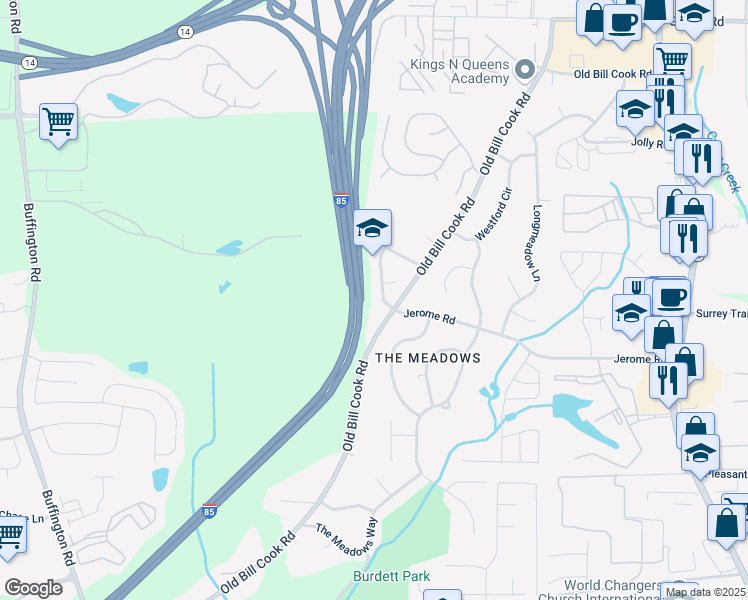 map of restaurants, bars, coffee shops, grocery stores, and more near 5527 Jerome Road in College Park