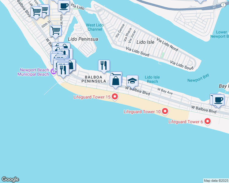 map of restaurants, bars, coffee shops, grocery stores, and more near 1504 West Oceanfront in Newport Beach