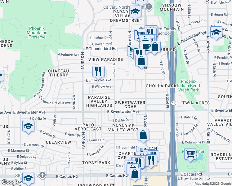map of restaurants, bars, coffee shops, grocery stores, and more near 13040 North 30th Place in Phoenix