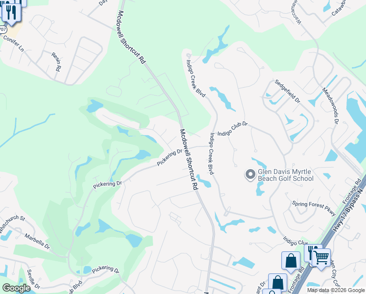 map of restaurants, bars, coffee shops, grocery stores, and more near 100 Pickering Drive in Murrells Inlet