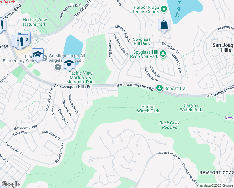 map of restaurants, bars, coffee shops, grocery stores, and more near 3841 Birch Street in Newport Beach