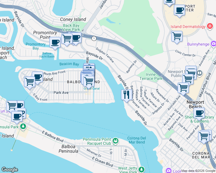 map of restaurants, bars, coffee shops, grocery stores, and more near 209 East Bay Front in Newport Beach