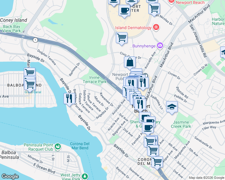 map of restaurants, bars, coffee shops, grocery stores, and more near 2015 Chubasco Drive in Newport Beach