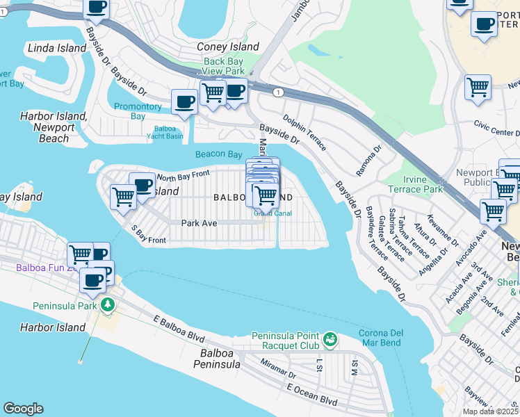 map of restaurants, bars, coffee shops, grocery stores, and more near 204 Marine Avenue in Newport Beach
