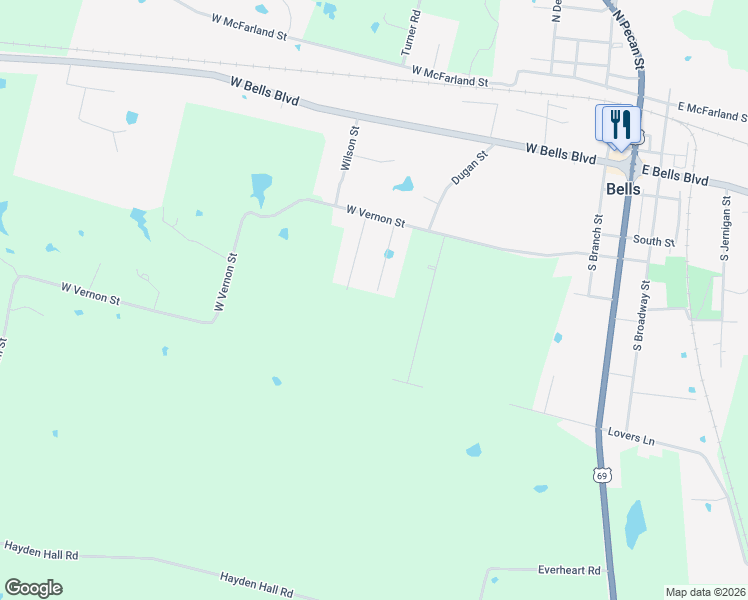 map of restaurants, bars, coffee shops, grocery stores, and more near 411 Sunshine Trail in Bells