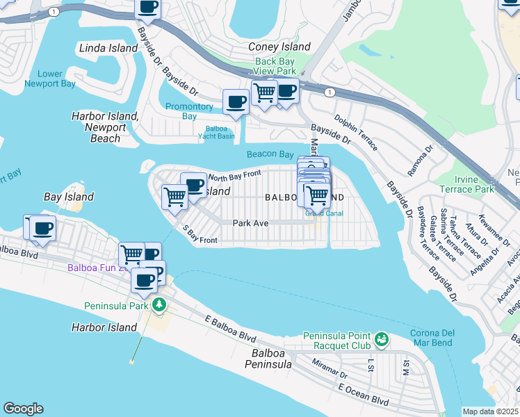 map of restaurants, bars, coffee shops, grocery stores, and more near 214 Sapphire Avenue in Newport Beach