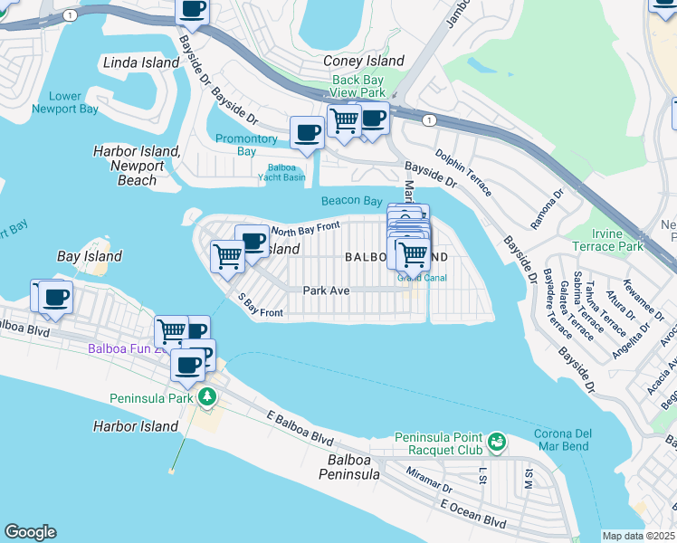 map of restaurants, bars, coffee shops, grocery stores, and more near 214 Sapphire Avenue in Newport Beach