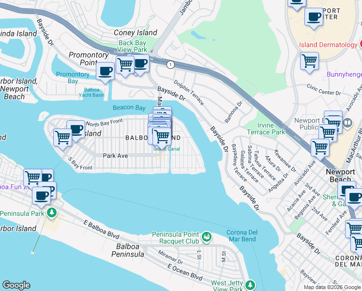map of restaurants, bars, coffee shops, grocery stores, and more near 214 Abalone Avenue in Newport Beach