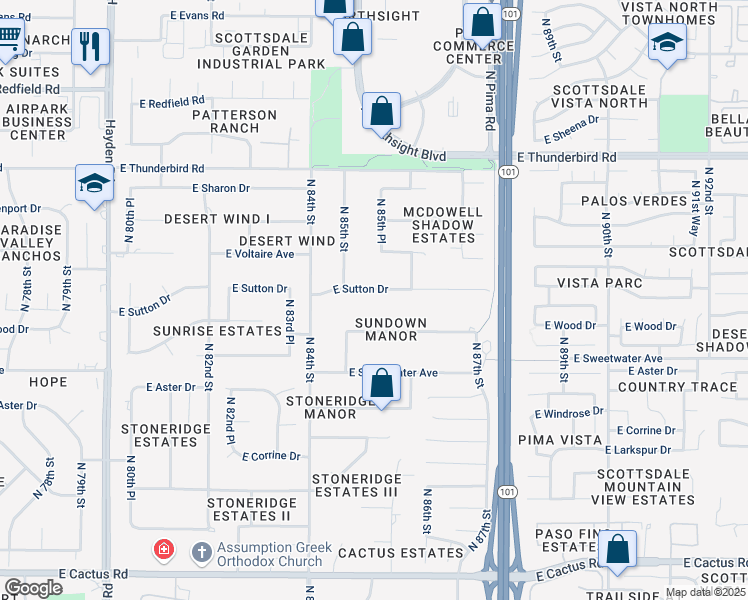 map of restaurants, bars, coffee shops, grocery stores, and more near 8529 East Sutton Drive in Scottsdale