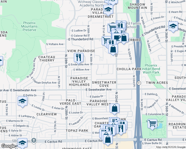 map of restaurants, bars, coffee shops, grocery stores, and more near 13040 North 30th Place in Phoenix