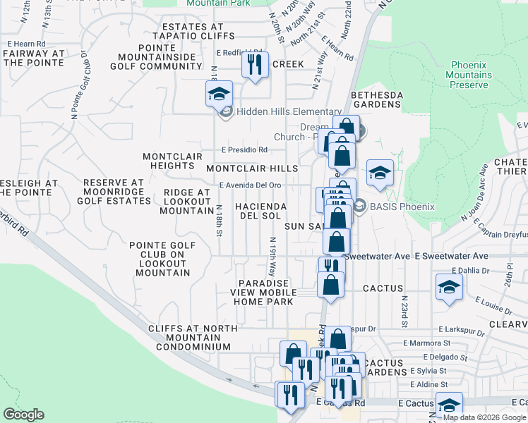 map of restaurants, bars, coffee shops, grocery stores, and more near 13202 North 19th Place in Phoenix
