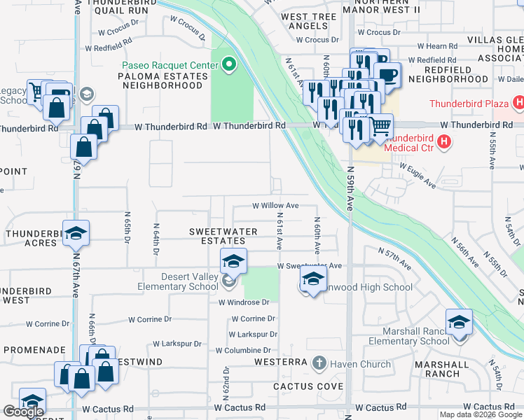 map of restaurants, bars, coffee shops, grocery stores, and more near 6118 West Pershing Avenue in Glendale