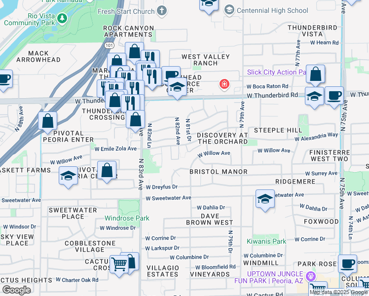 map of restaurants, bars, coffee shops, grocery stores, and more near 8111 West Wacker Road in Peoria