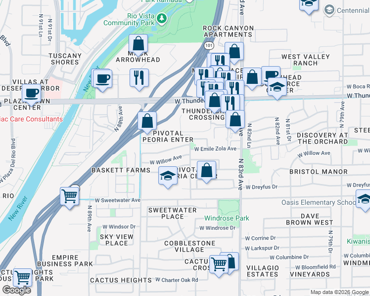 map of restaurants, bars, coffee shops, grocery stores, and more near 8469 West Emile Zola Avenue in Peoria