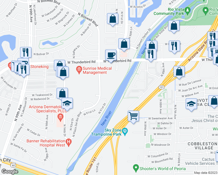 map of restaurants, bars, coffee shops, grocery stores, and more near 13373 North Plaza Del Rio Boulevard in Peoria