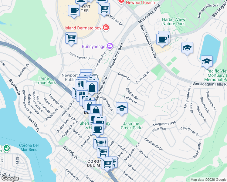 map of restaurants, bars, coffee shops, grocery stores, and more near 2701 Pebble Drive in Newport Beach