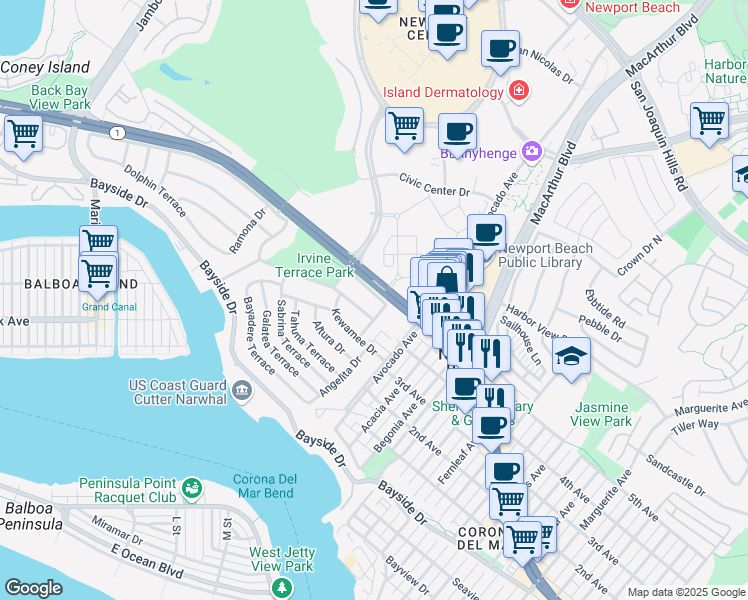 map of restaurants, bars, coffee shops, grocery stores, and more near 2015 Chubasco Drive in Newport Beach