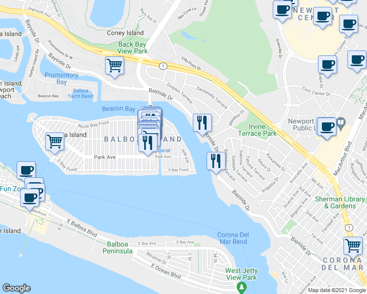 map of restaurants, bars, coffee shops, grocery stores, and more near 209 East Bay Front in Newport Beach