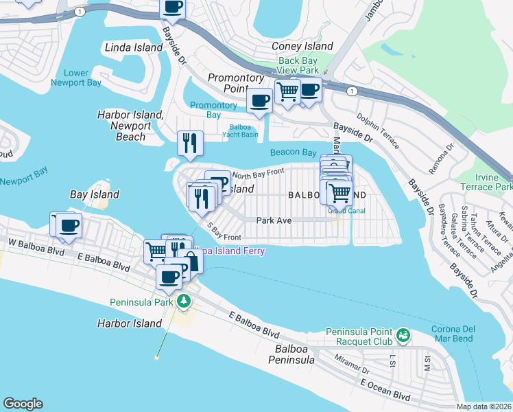 map of restaurants, bars, coffee shops, grocery stores, and more near 204 Collins Avenue in Newport Beach