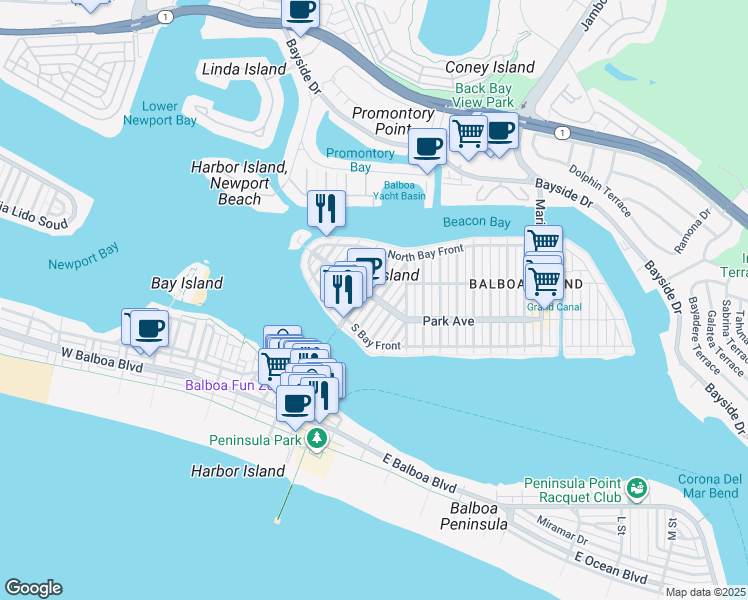 map of restaurants, bars, coffee shops, grocery stores, and more near 128 Opal Avenue in Newport Beach